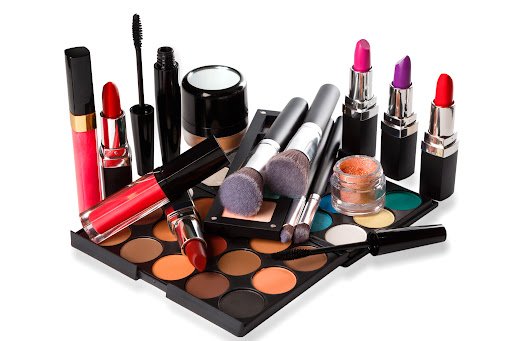 Set of different makeup objects on white background